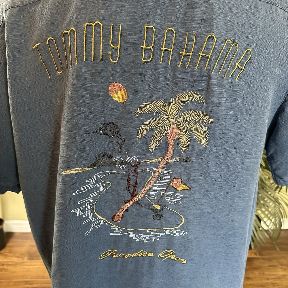 Tommy Bahama Embroidered Camp Shirt Vintage Men L Paradise Open Silk Slub 199825